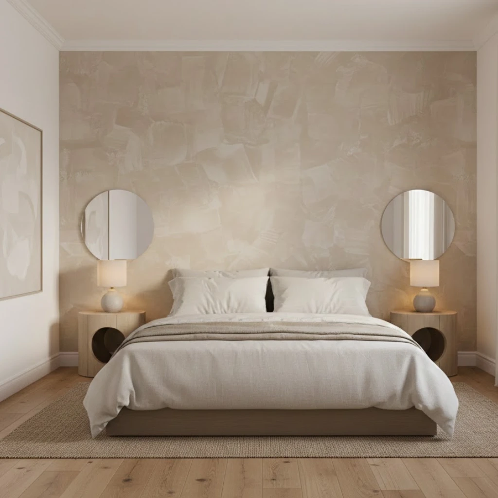 Neutral accent wall adding texture to a calm bedroom design