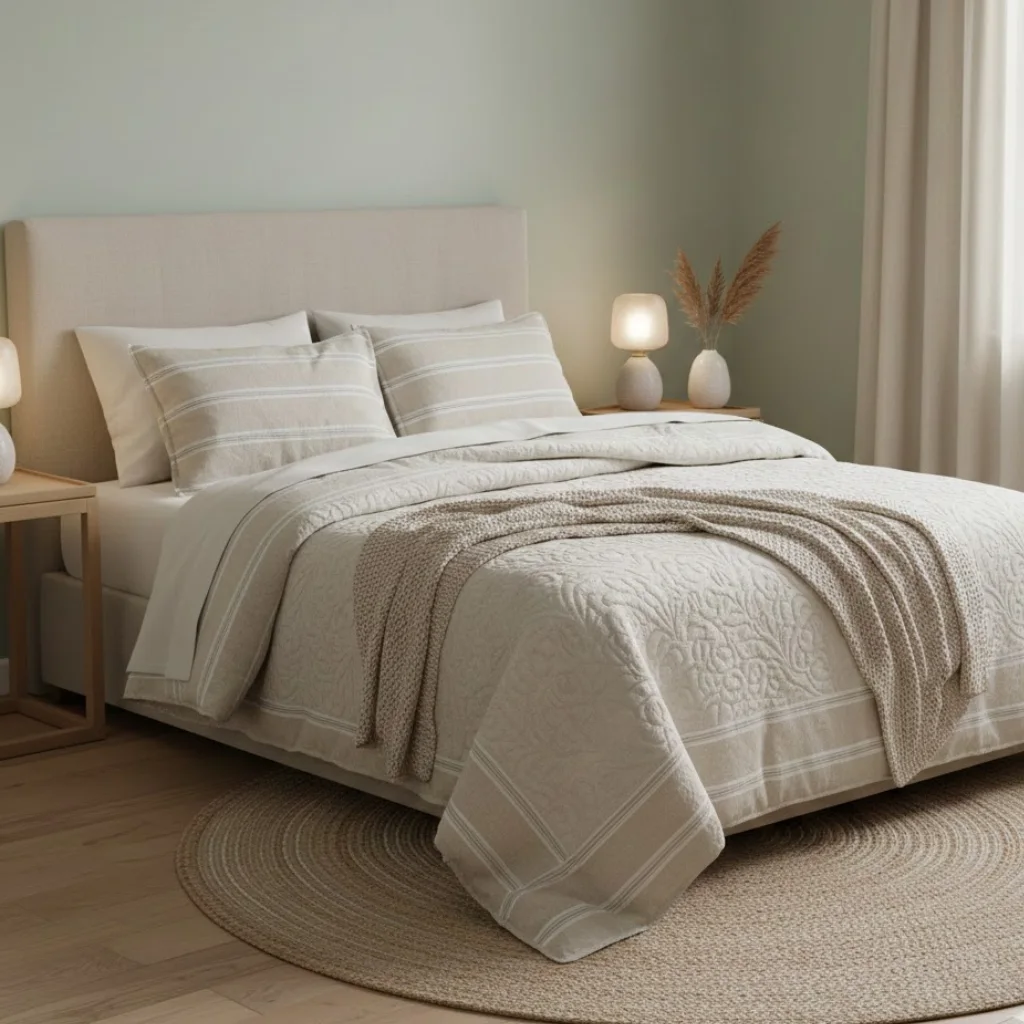 Neutral bedding with subtle patterns for a peaceful bedroom