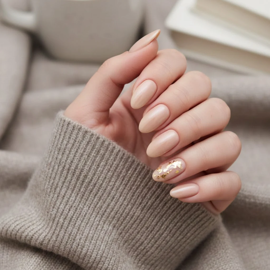 Neutral beige almond nails with a soft fall-inspired finish.