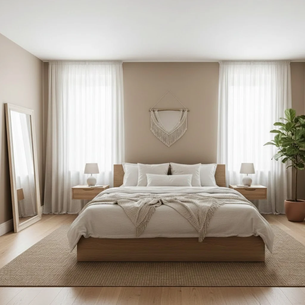 Neutral ceiling paint making a bedroom feel taller and brighter