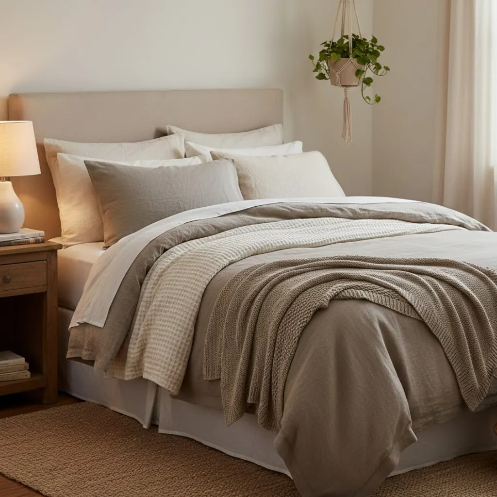 Neutral layered bedding creating a calm small bedroom look (1)