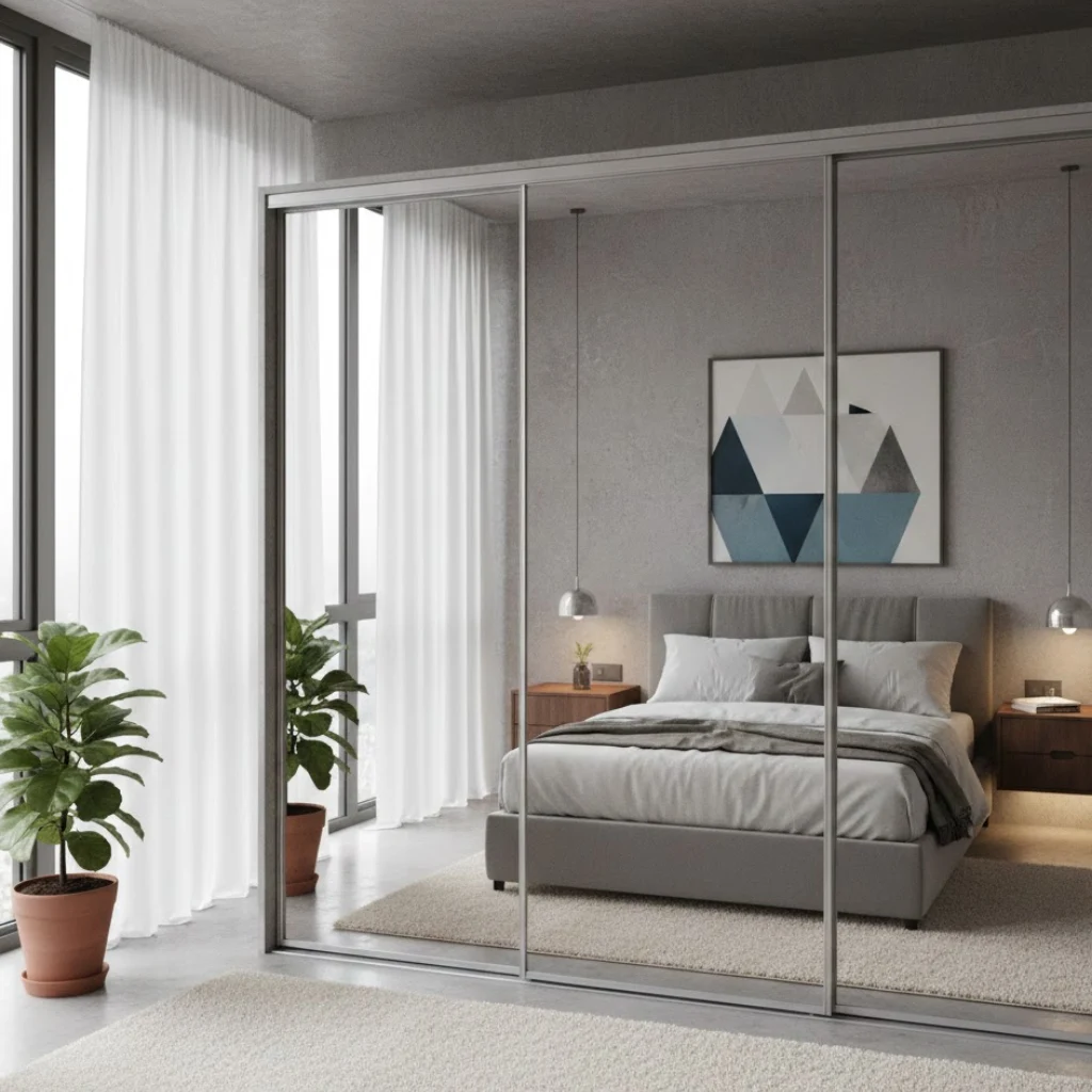 Sliding closet doors saving space in a small bedroom