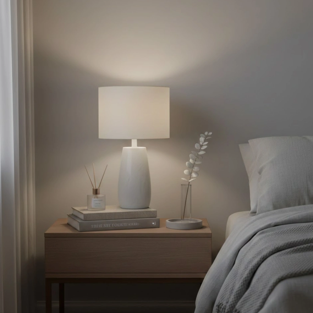 Neutral nightstand styling for a calm bedroom look