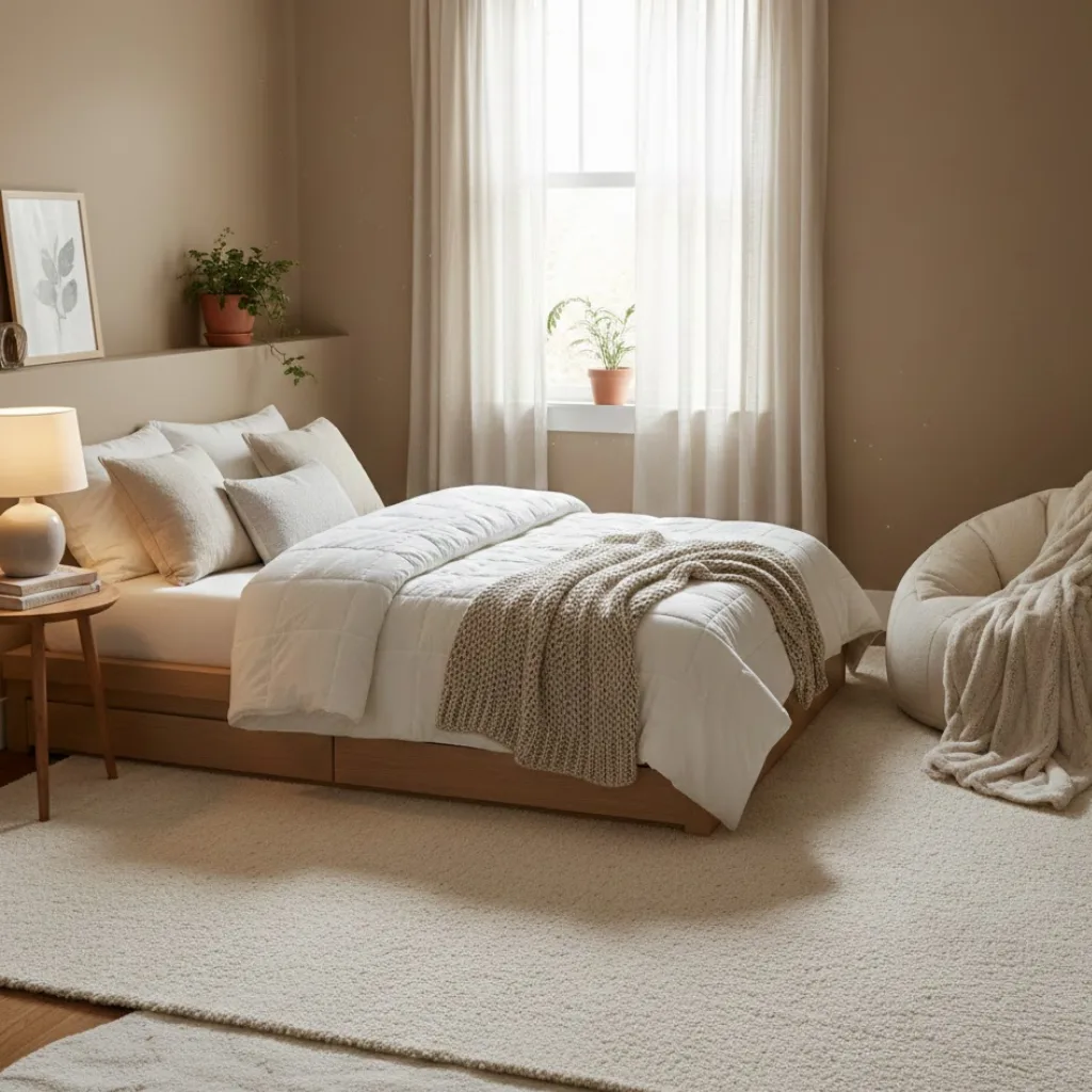 Neutral rug balancing a compact small bedroom