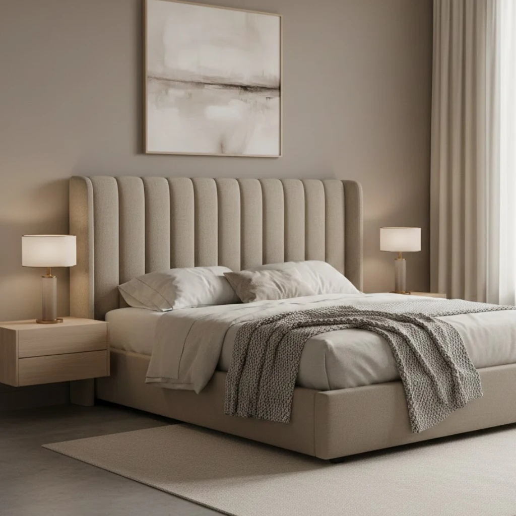 Neutral upholstered headboard adding luxury to a bedroom