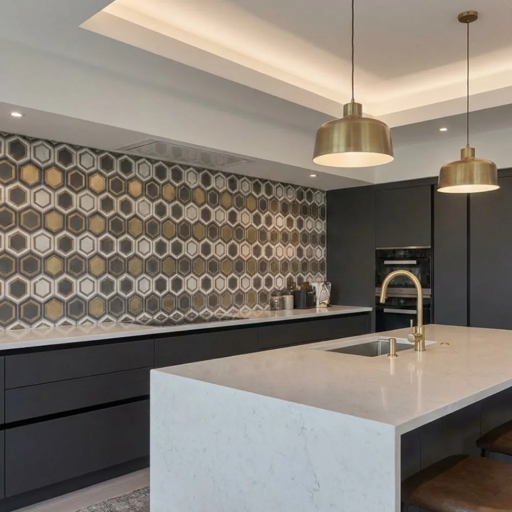 Luxury patterned tile backsplash in modern kitchen