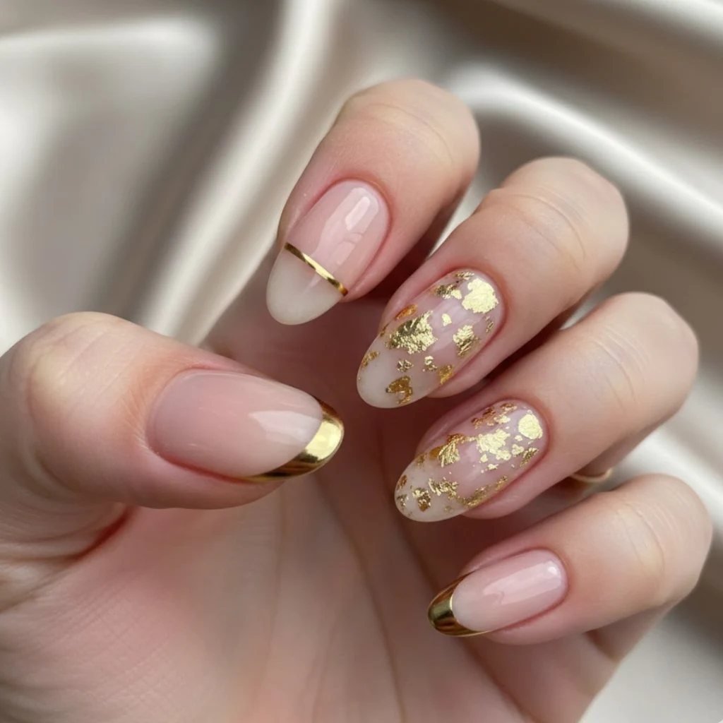 Nude almond nails with gold accents for a classy fall look.