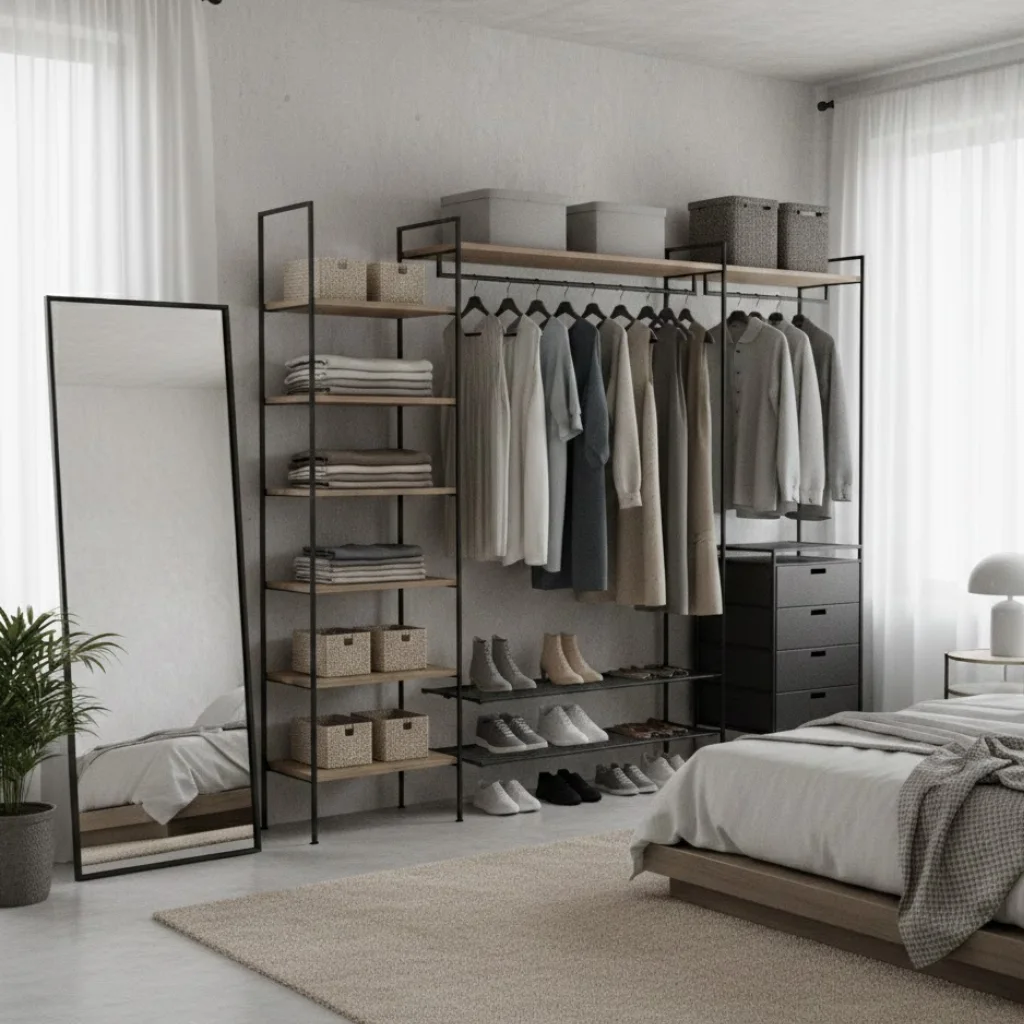 Open closet concept wardrobe for a modern and airy bedroom.