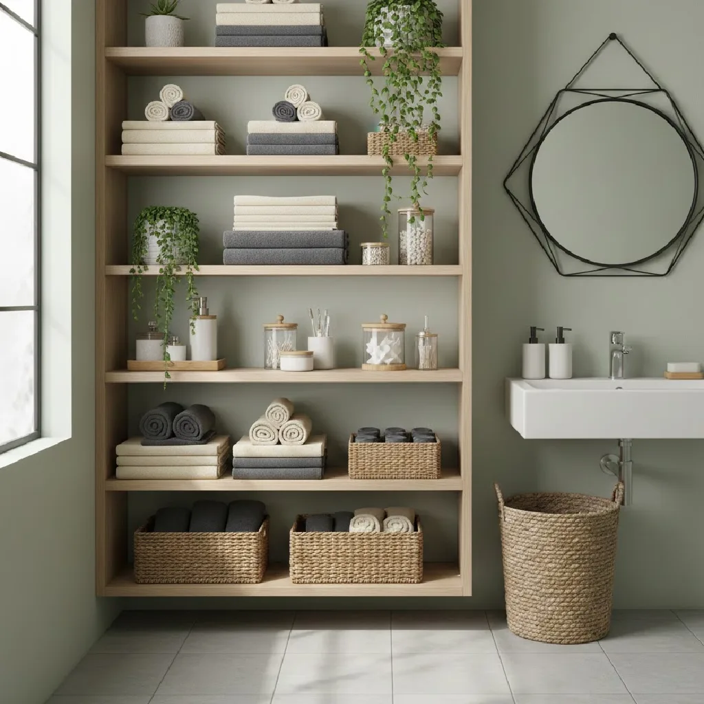 Open shelf storage adding style and functionality to a bathroom.