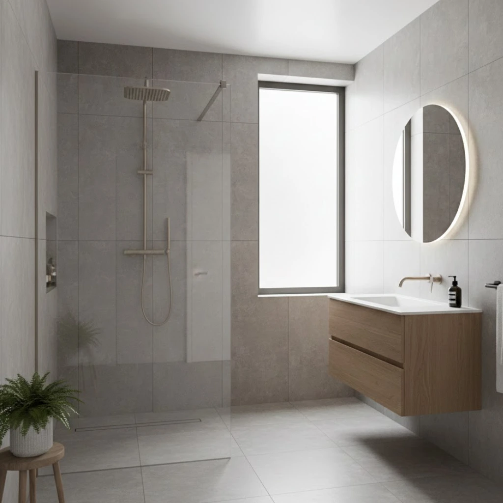 Open shower concept creating a seamless modern bathroom.