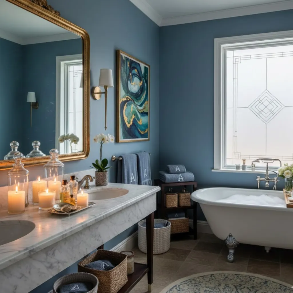 Personalized decor adding warmth and character to a bathroom.