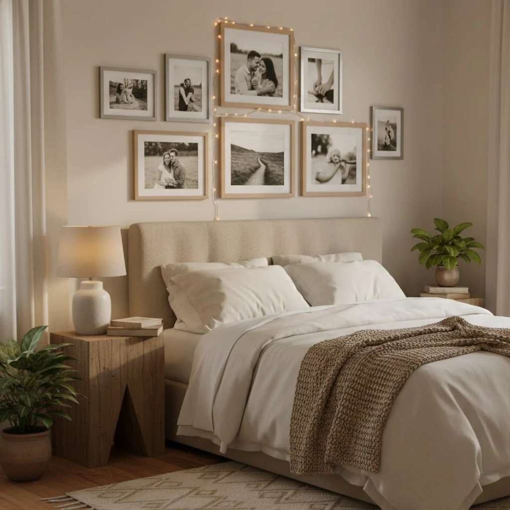 Personalized touches making a neutral bedroom feel inviting