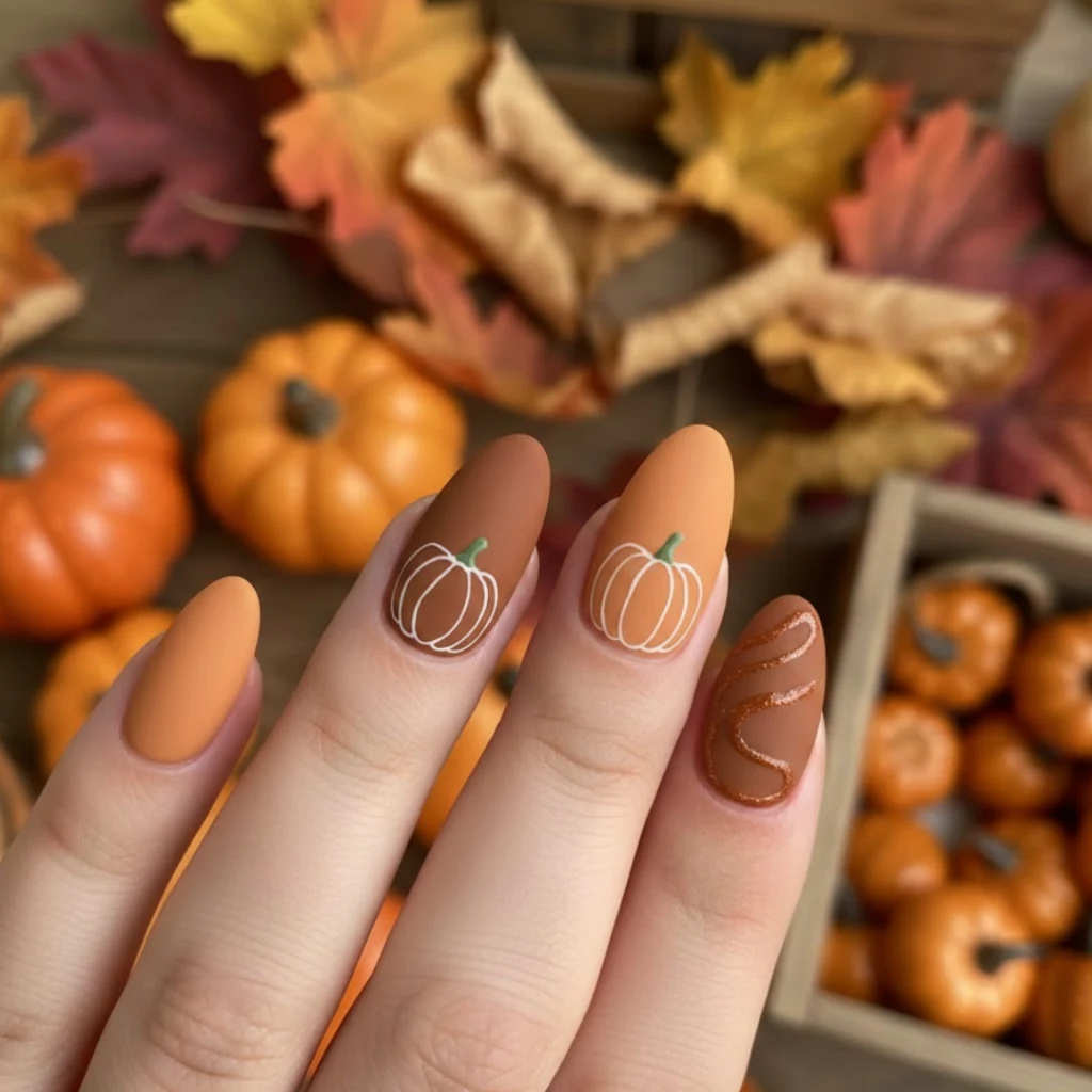Pumpkin spice almond nails with warm orange tones and minimal fall nail art.