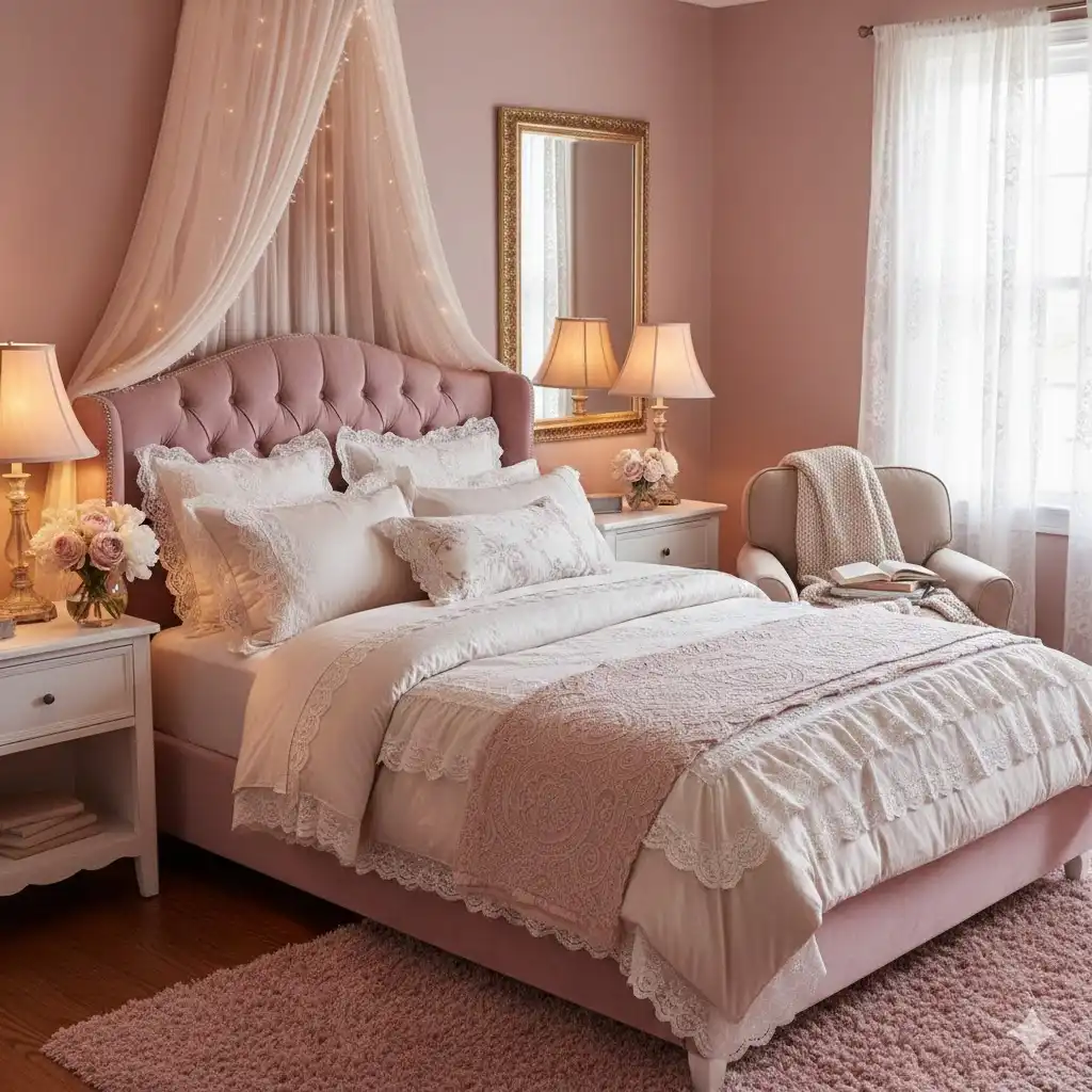 Romantic feminine bedroom with blush décor and soft textures.