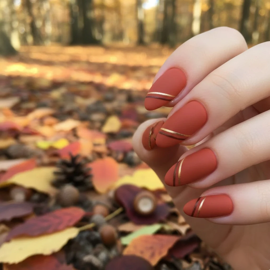 Rust orange almond nails with a warm matte fall finish.