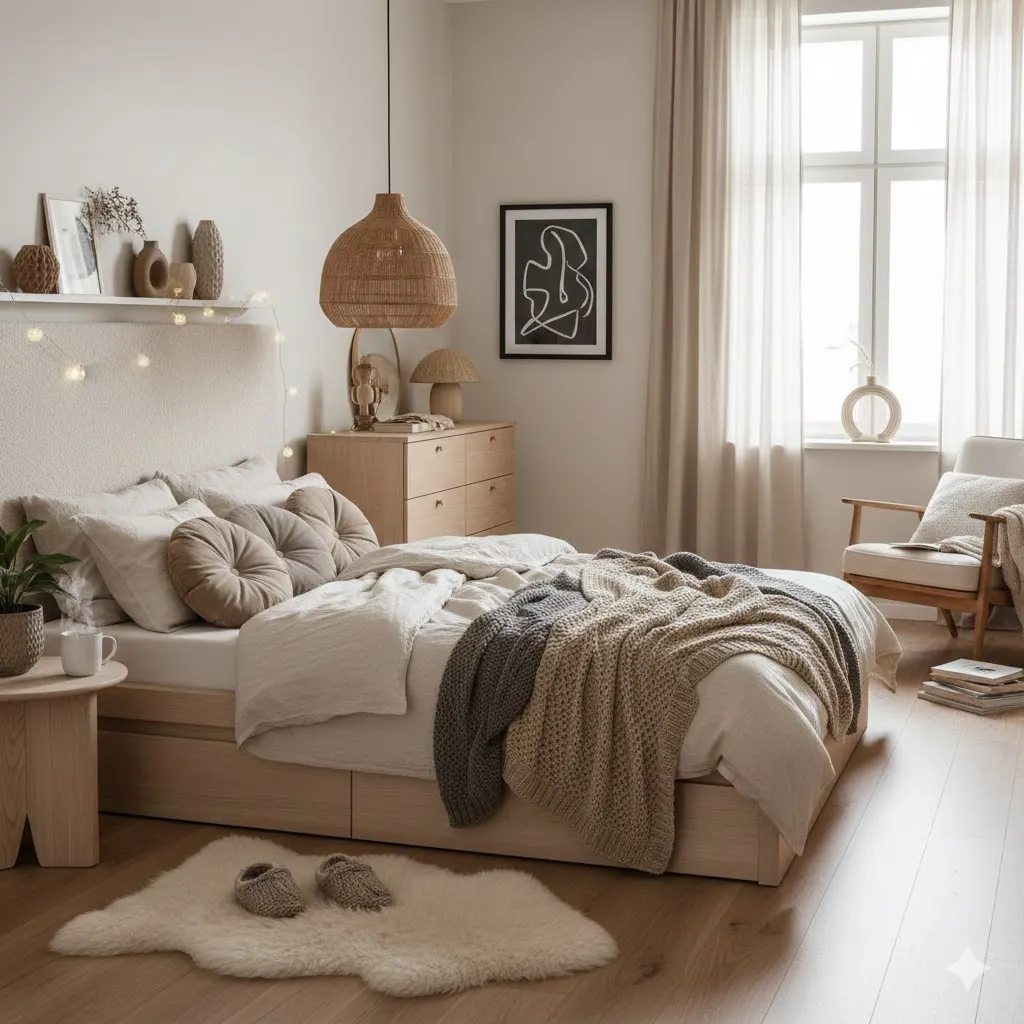 Scandinavian warm bedroom with light wood and soft neutral tones.