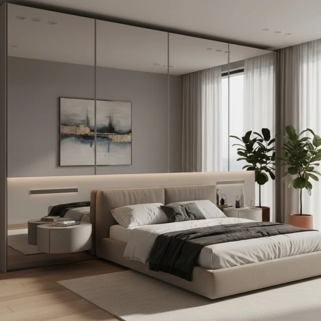 Sliding door wardrobe with mirror panels for a small master bedroom.