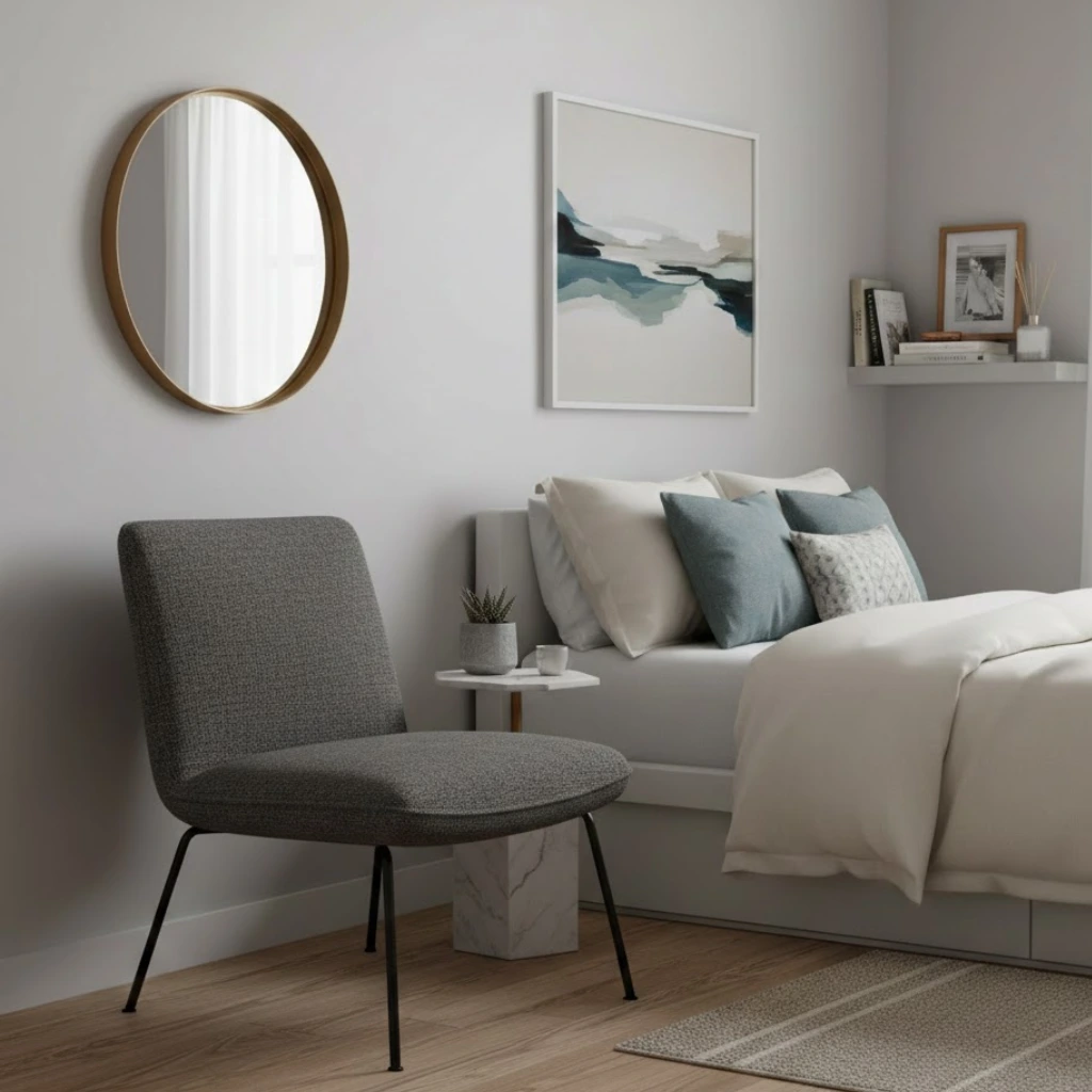 Small accent chair adding function without crowding the bedroom