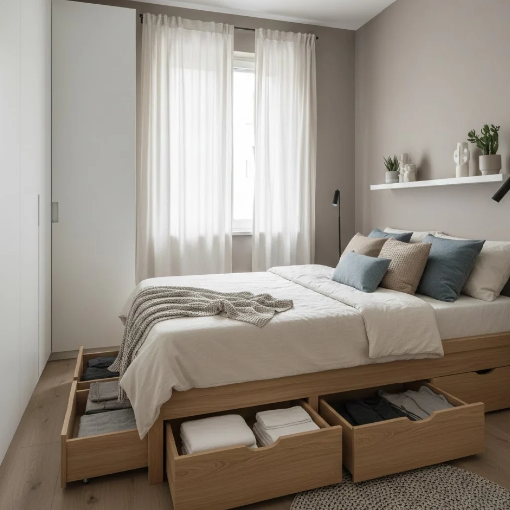 Small bedroom storage bed with built-in drawers for clothes and bedding