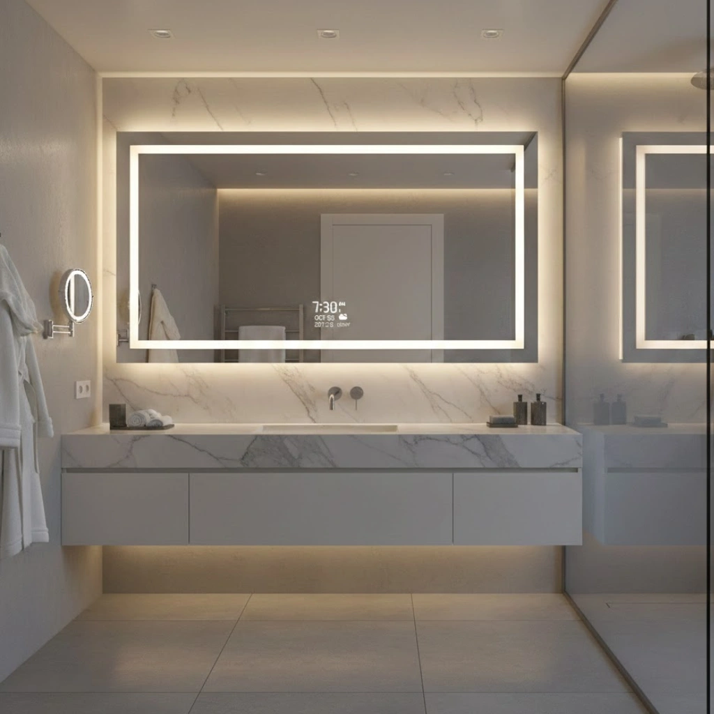 Smart LED bathroom mirror with modern technology and luxury design.