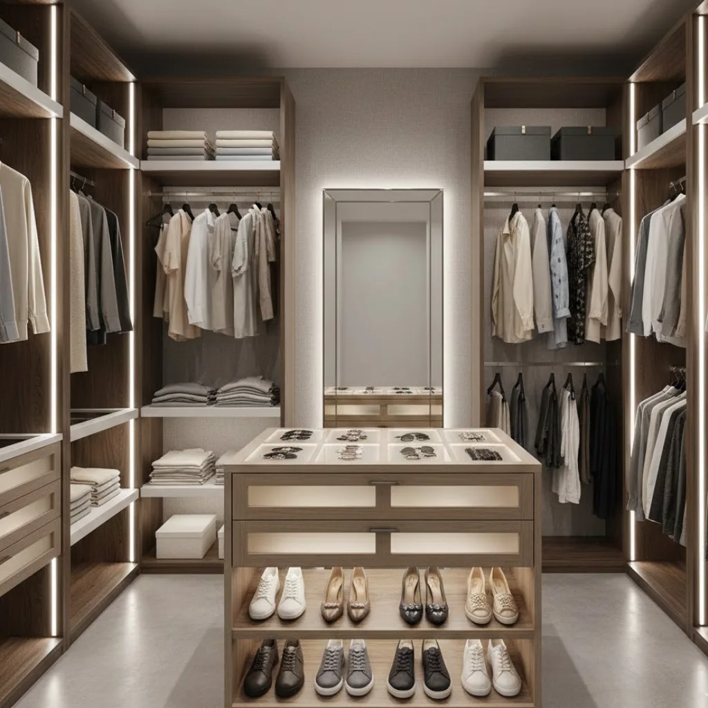 Smart LED lighting inside a small bedroom wardrobe