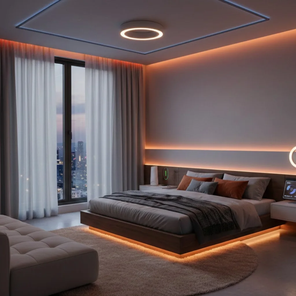 Smart tech bedroom with LED lighting and automated modern décor.