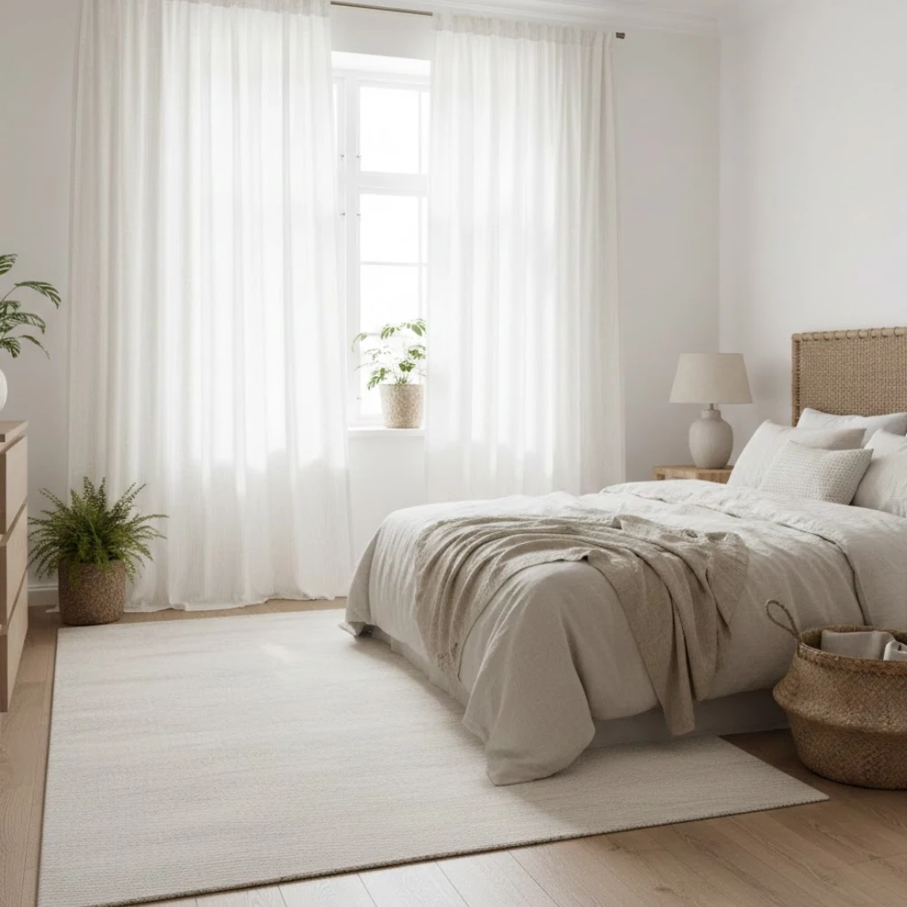Soft linen curtains creating an airy neutral bedroom