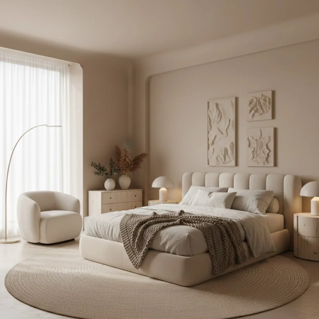 Soft minimalism bedroom with warm beige tones and curved modern furniture.