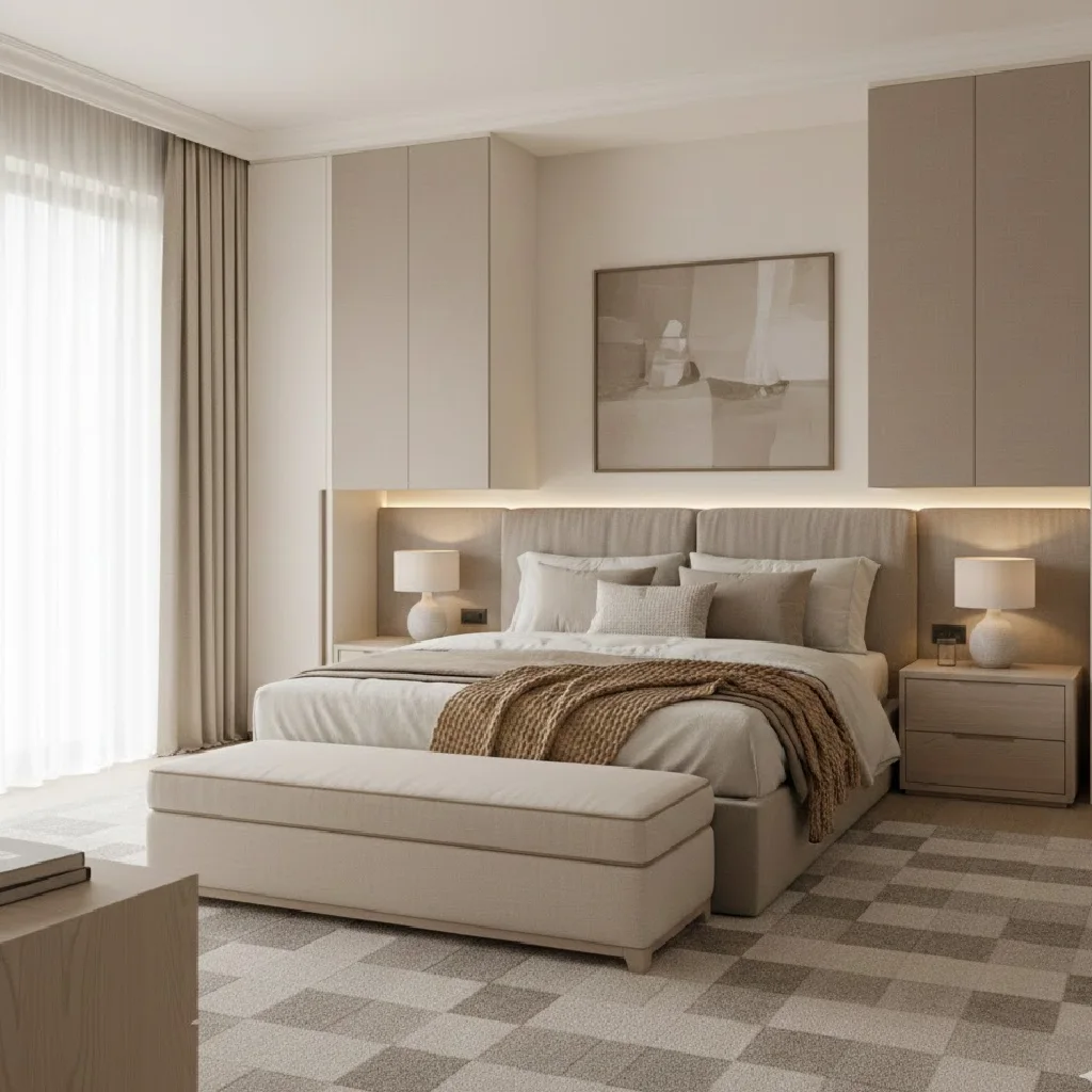 Soft neutral wardrobe creating a calm master bedroom atmosphere.