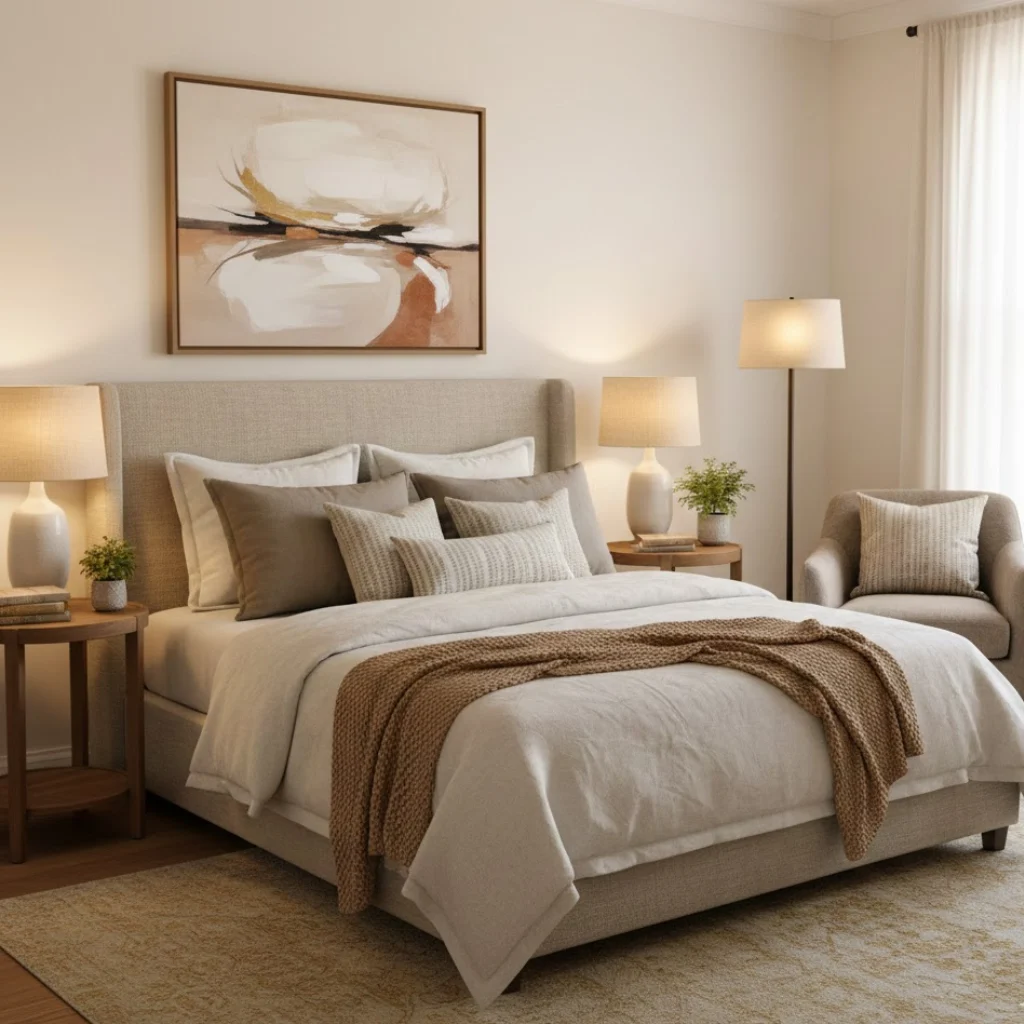 Soft taupe accents adding warmth to a neutral bedroom