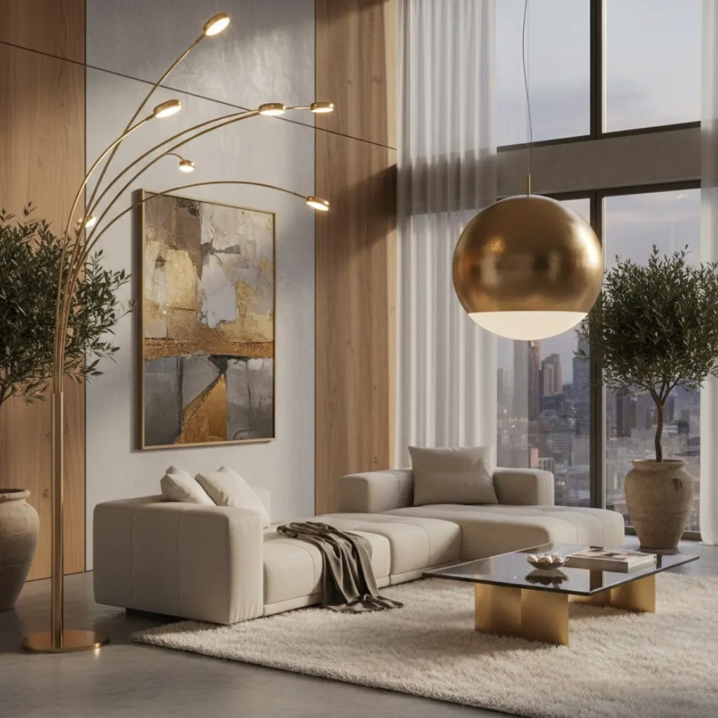 Statement lighting with sculptural lamps enhancing a modern luxury living room.