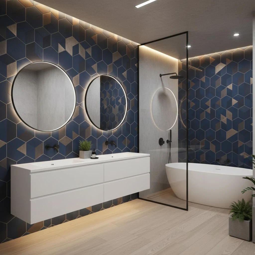 Statement tile wall creating a bold focal point in a modern bathroom.