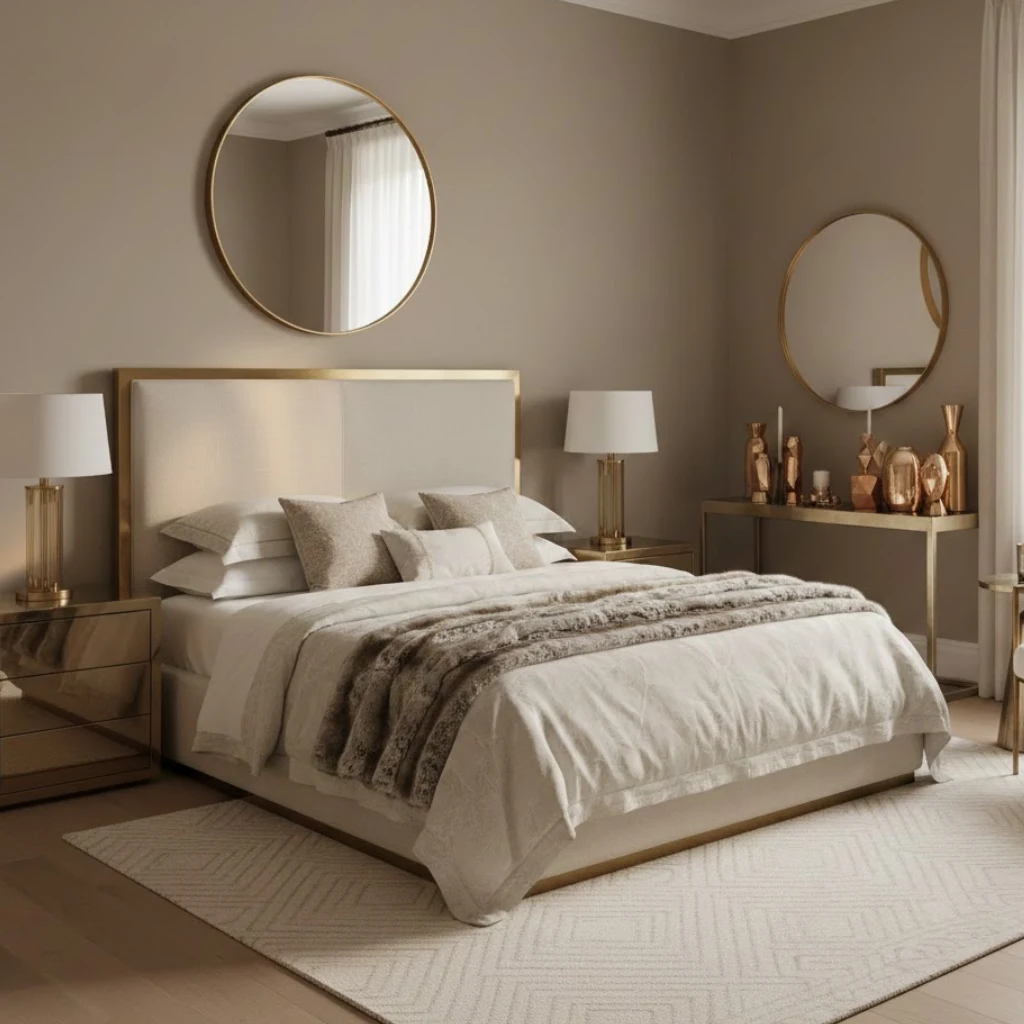 Subtle metallic accents elevating a neutral bedroom