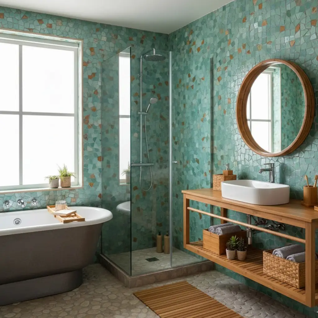 Sustainable bathroom materials creating an eco-friendly modern space.