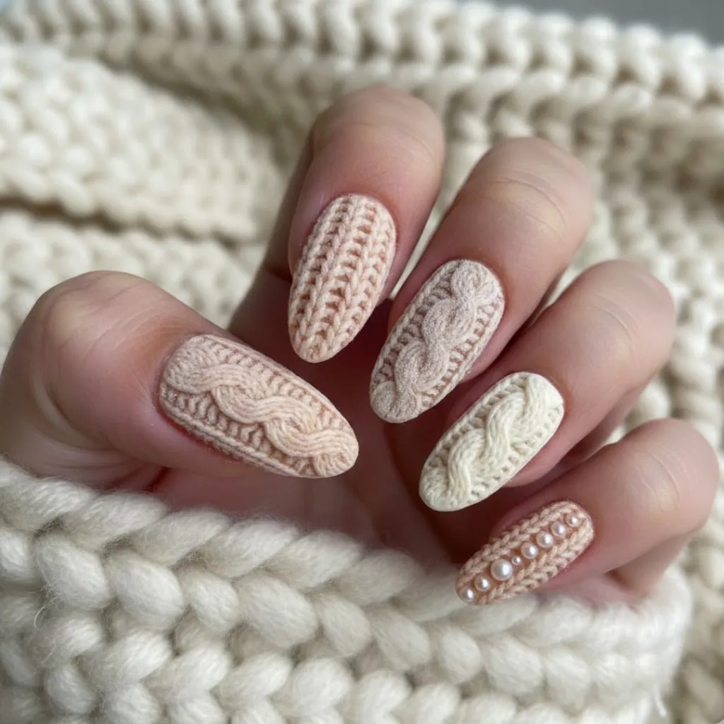 Sweater-texture almond nails in cozy fall neutral shades.