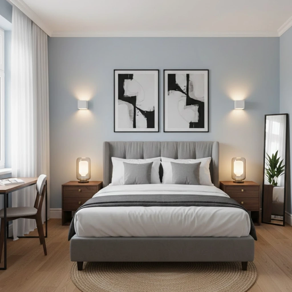 Symmetrical layout making a small bedroom feel organized