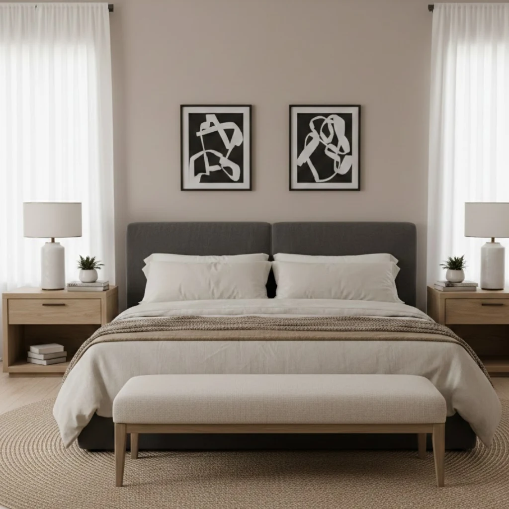 Symmetrical styling creating a polished neutral bedroom