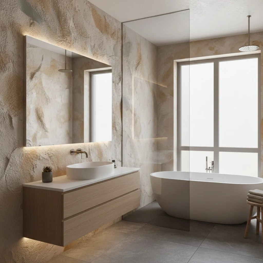 Textured wall finishes adding depth to a modern bathroom.