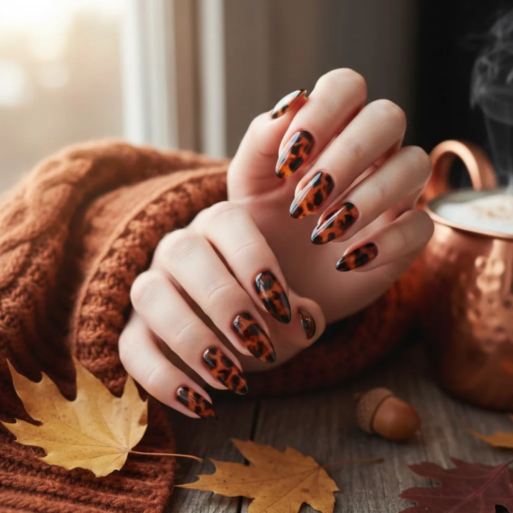 Tortoiseshell almond nails with warm amber and brown tones.