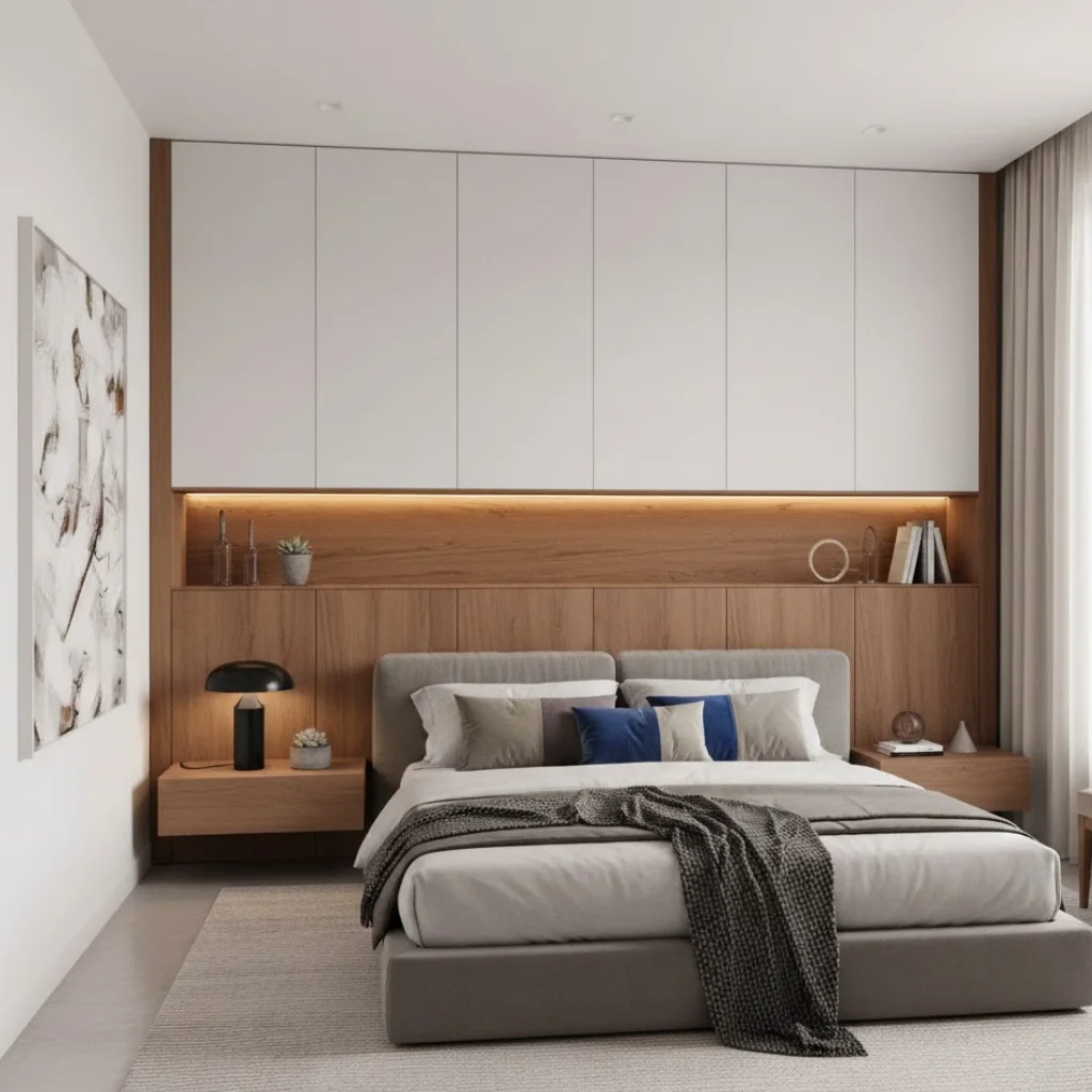 Two-tone wardrobe adding depth to a modern master bedroom.