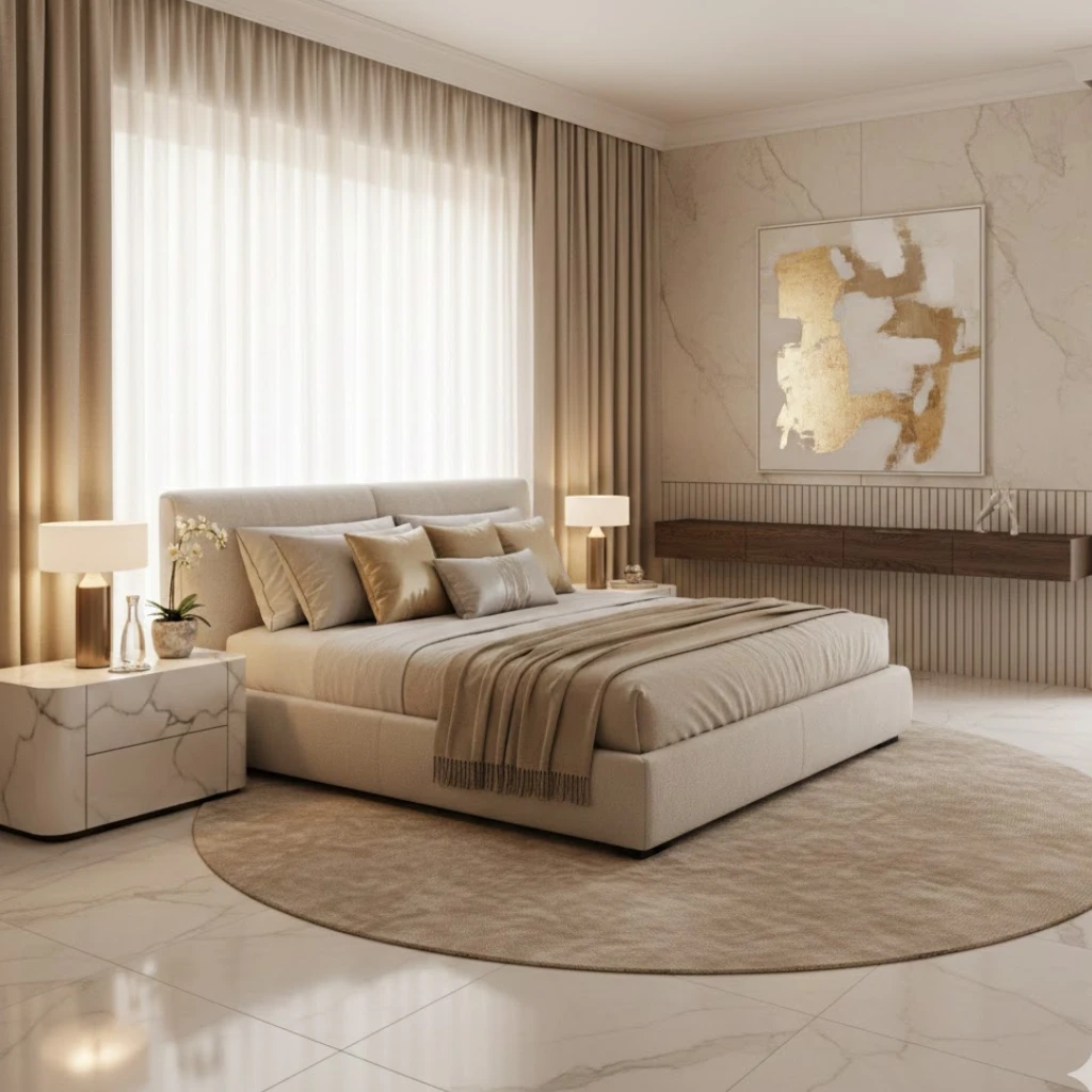 Understated luxury bedroom with champagne tones and marble accents.