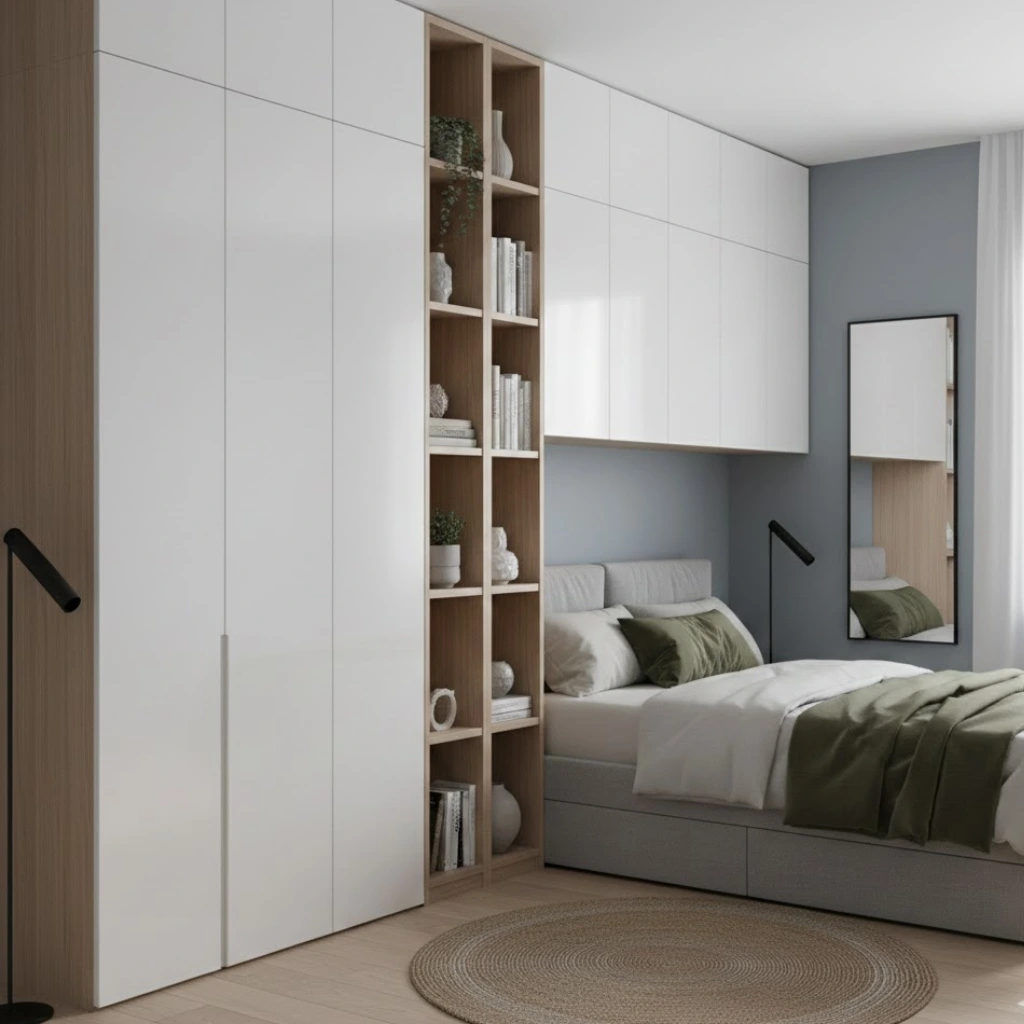 Vertical storage solutions using tall wardrobes in a small bedroom