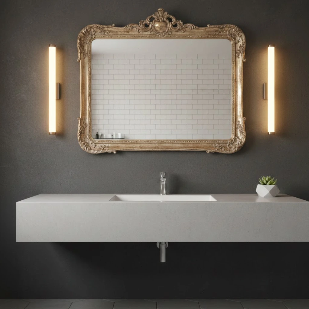 Vintage and modern elements combined in a stylish bathroom.