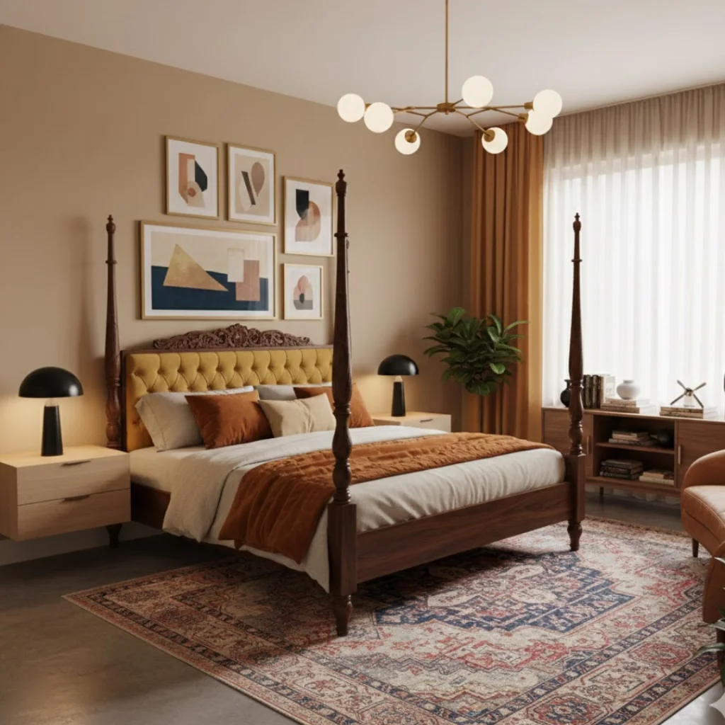 Vintage-modern fusion bedroom with mixed textures and décor.