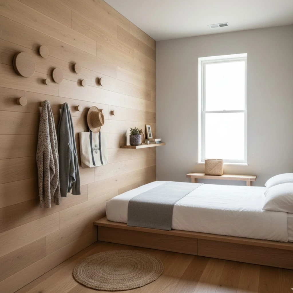 Wall hooks saving floor space in a small bedroom