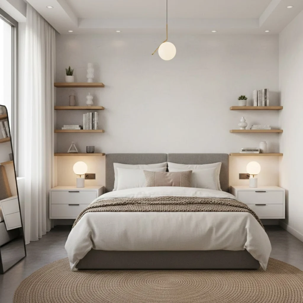 Wall-mounted nightstands saving floor space in a small bedroom