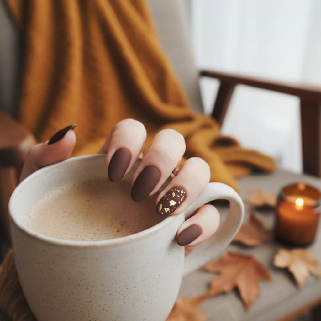 Walnut brown almond nails with a matte velvety finish.