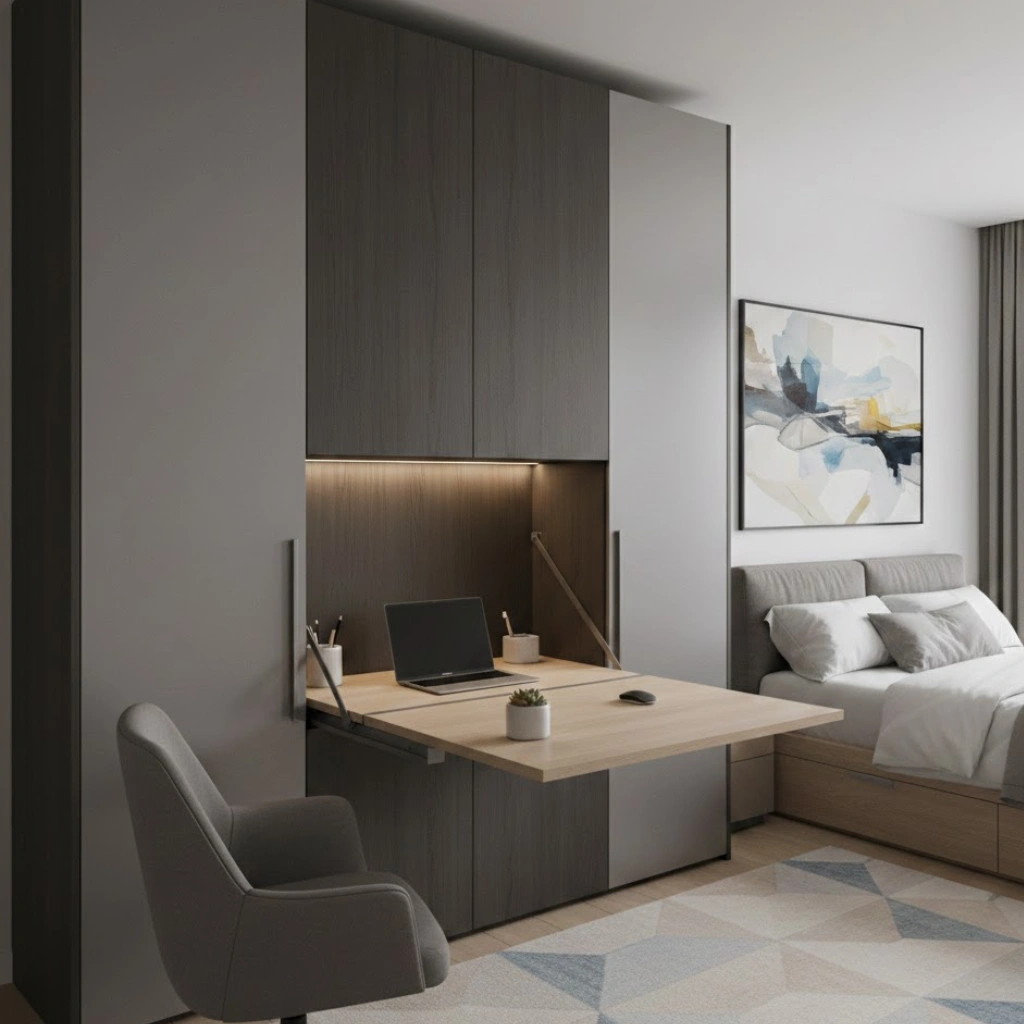 Wardrobe with built-in workstation for a master bedroom office.