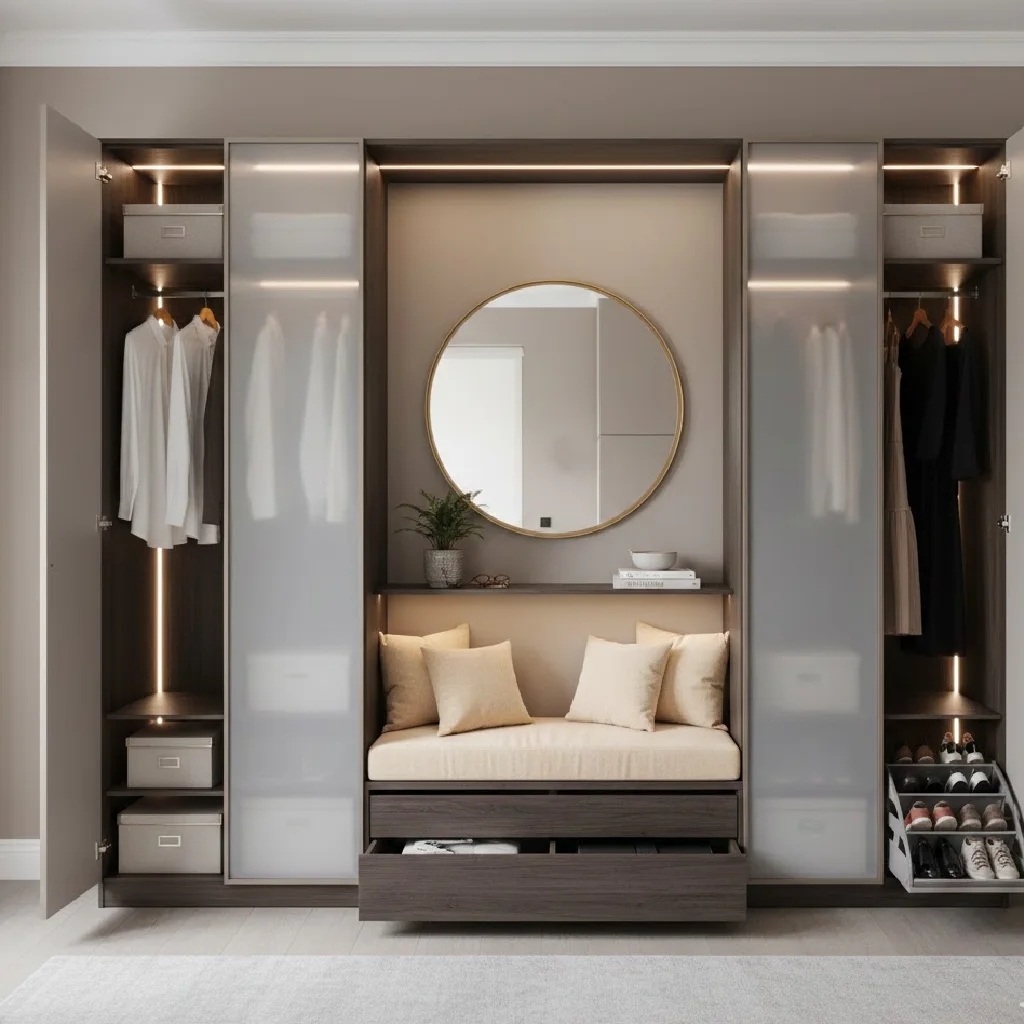 Wardrobe with integrated seating and storage in a master bedroom.