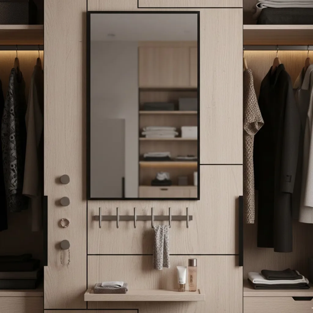 Wardrobe with internal mirror and hooks for daily convenience.